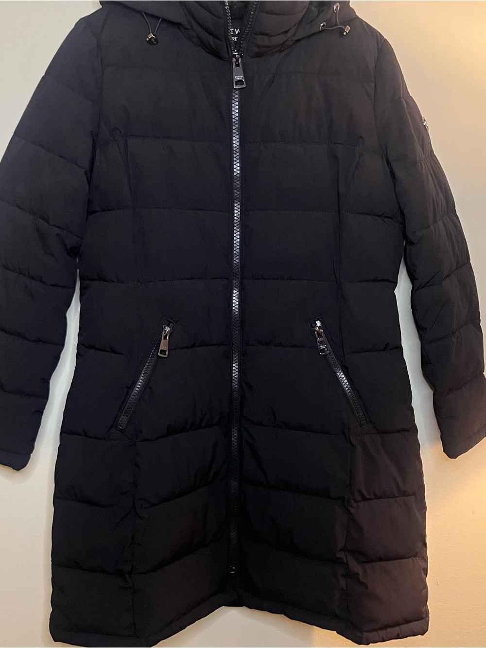 Andrew Marc Long Black Quilted Puffer Coat with Hood